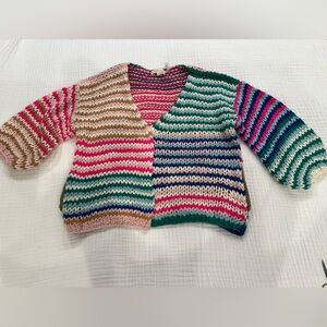 Listicle Colorblock Striped V-Neck Sweater in Pink, Teal, Beige, Navy